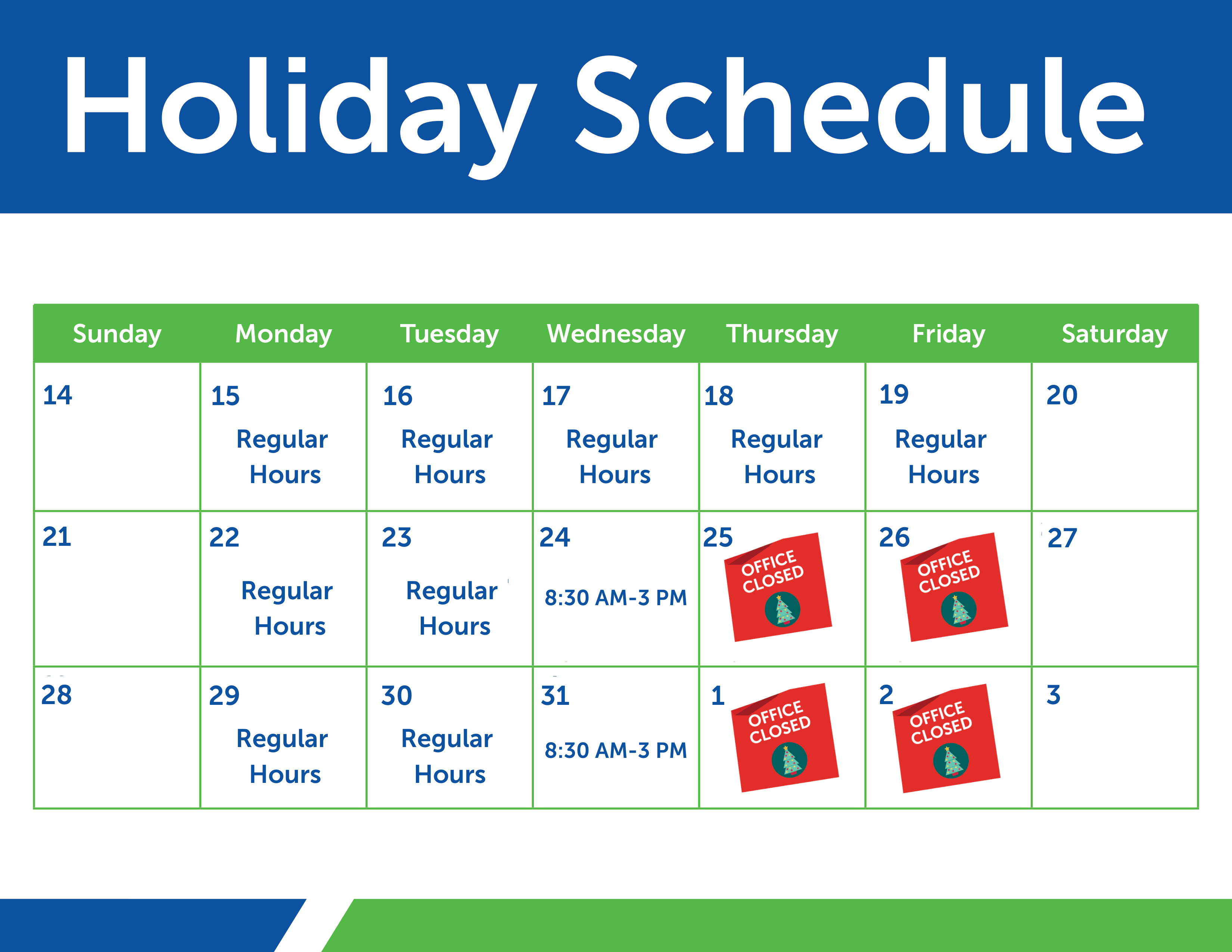 Office Holiday Schedule, Youngs Insurance, Ontario