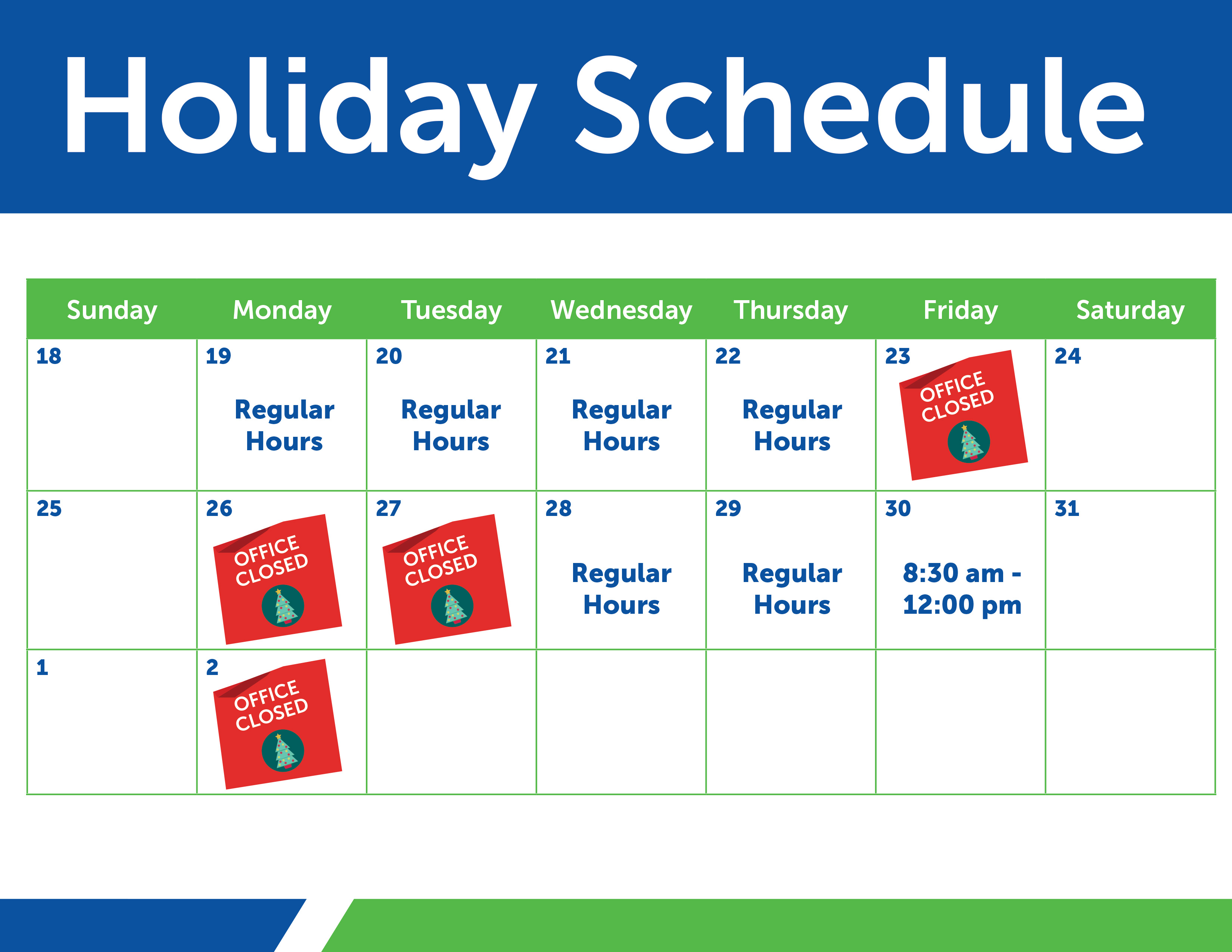Office Holiday Schedule, Youngs Insurance, Ontario